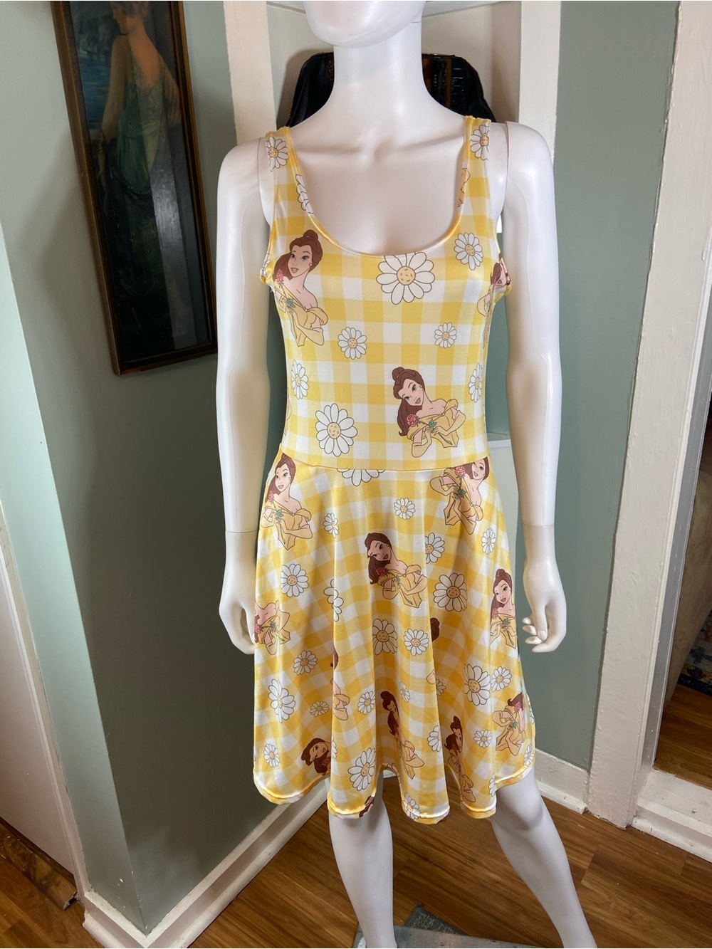 Adult Belle Beauty & The Beast Yellow Gingham Daisy Plaid Skater Mini Dress S